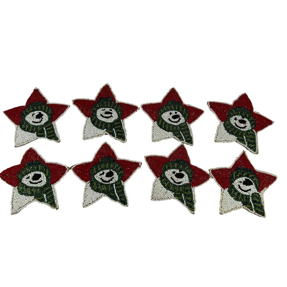 Tahari Set of 8 Drink Coasters Beaded Snowman Star Christmas Holiday